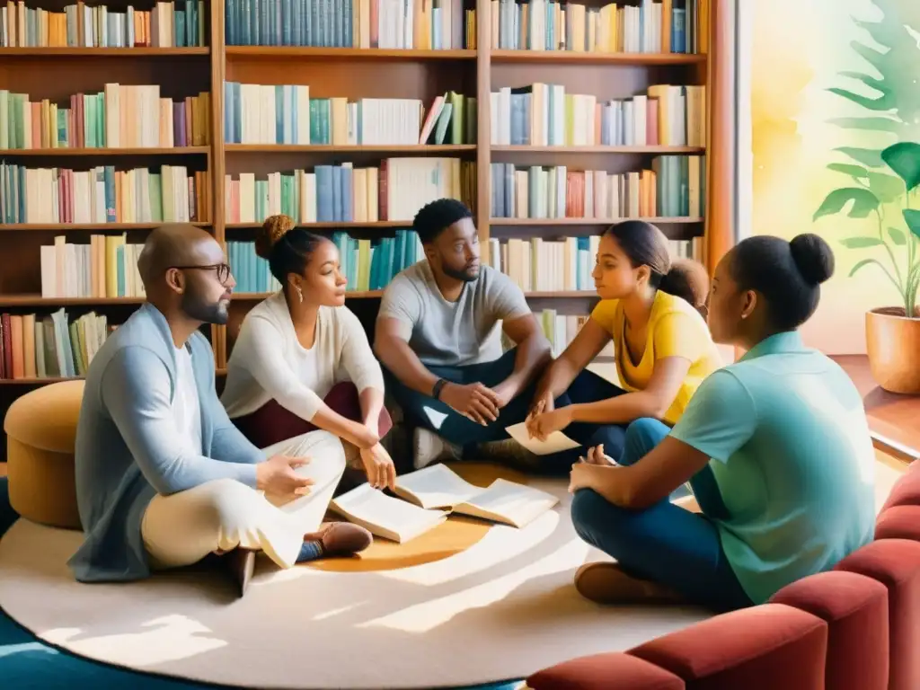 Un hermoso cuadro de acuarela que muestra un grupo diverso de personas leyendo poesía juntos en un ambiente acogedor y soleado, rodeados de libros