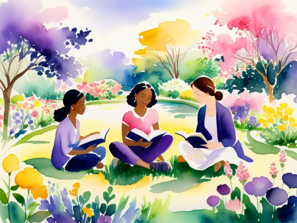 Un hermoso cuadro acuarela de mujeres diversas en un jardín, con libros de poesía, rodeadas de flores y versos