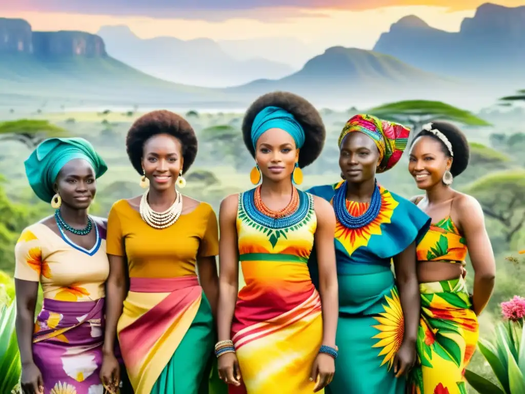 Un hermoso cuadro acuarela de mujeres africanas en vestimenta tradicional, irradiando confianza y fortaleza