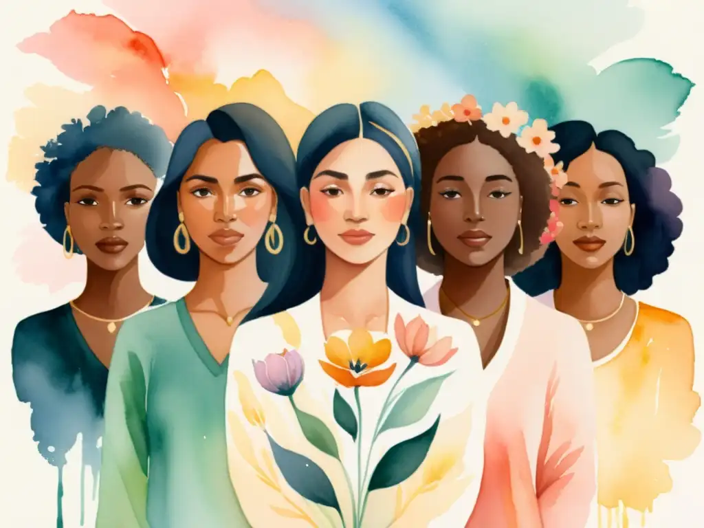 Un hermoso cuadro acuarela de mujeres diversas sosteniendo flores que representan fuerza, resistencia y empoderamiento