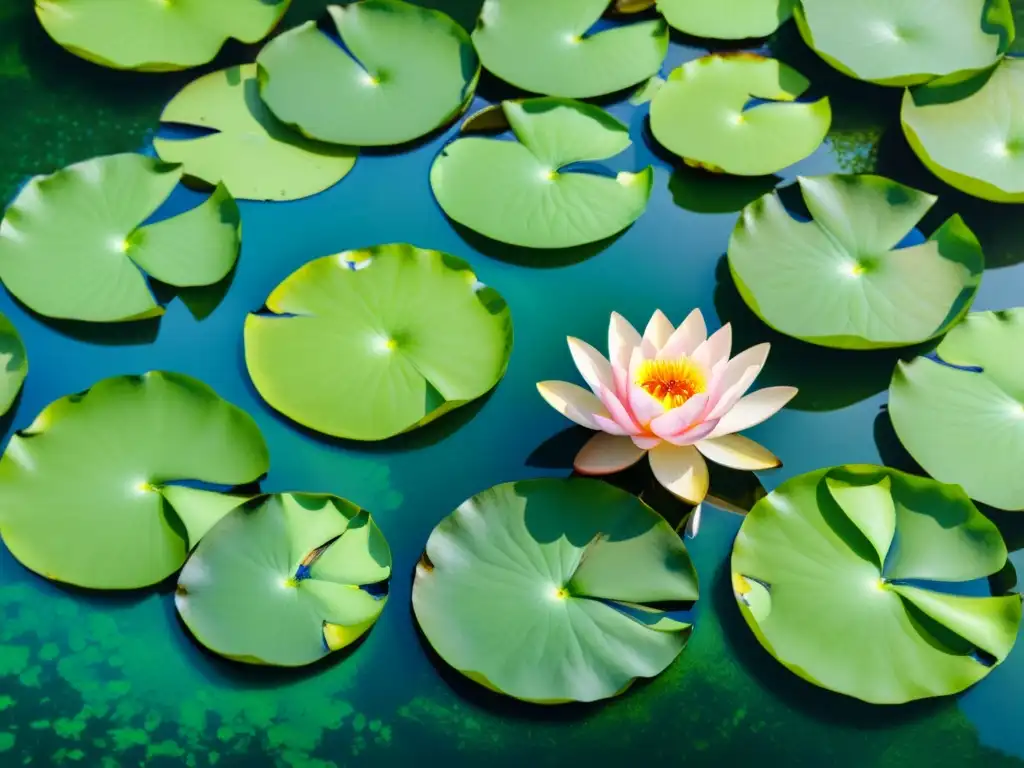 Un hermoso cuadro acuarela de un sereno jardín con flores de loto vibrantes flotando en un estanque tranquilo