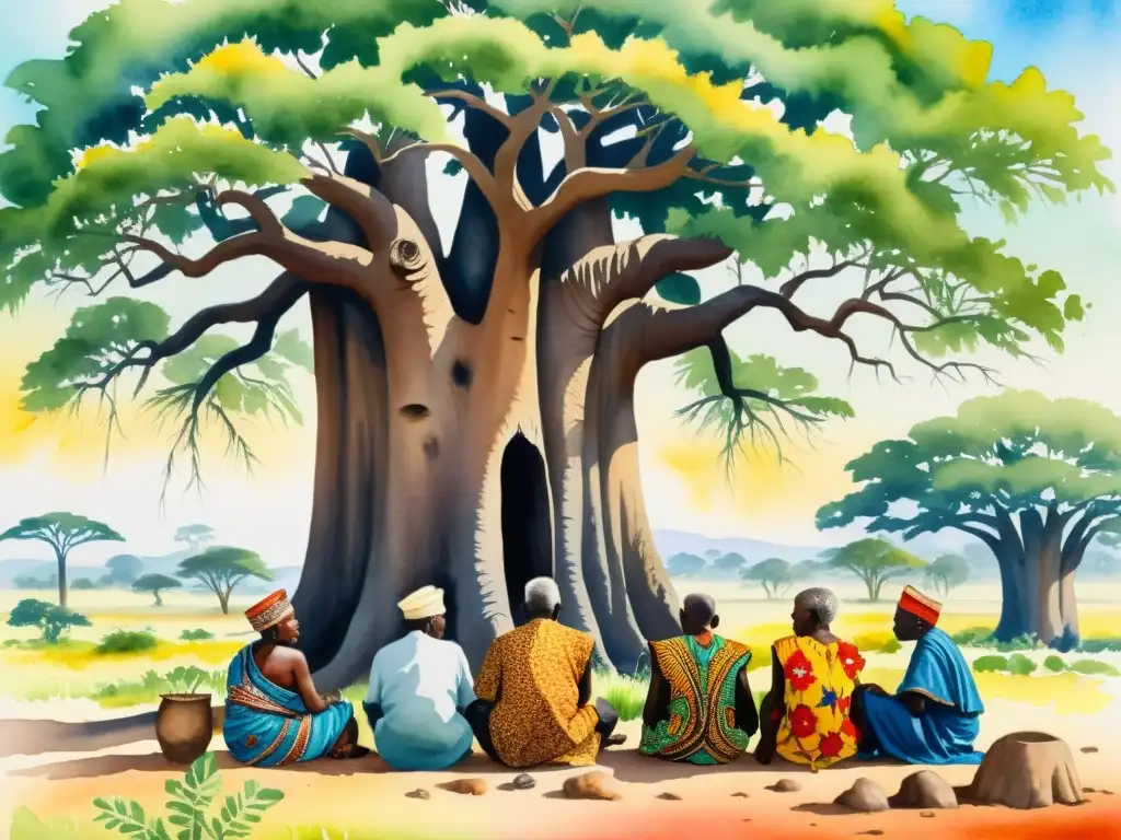 Un hermoso cuadro de poesía étnica africana: explorando versos ancestrales bajo un baobab, rodeado de naturaleza exuberante y colores vibrantes