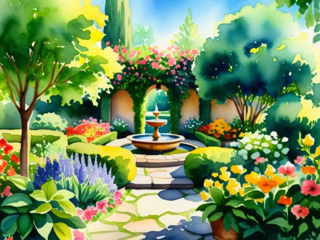 Un hermoso jardín ilustrado con acuarelas, lleno de flores vibrantes y una fuente tranquila en el centro