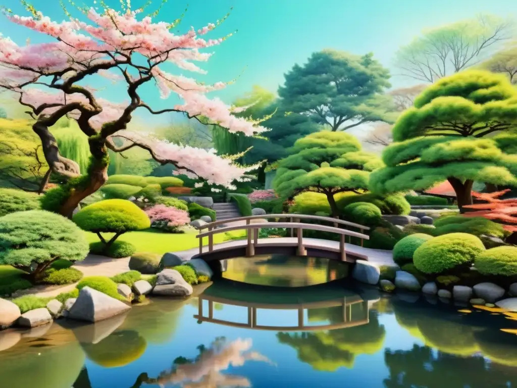 Un hermoso jardín japonés con un cerezo en flor, un estanque de koi y un puente de madera