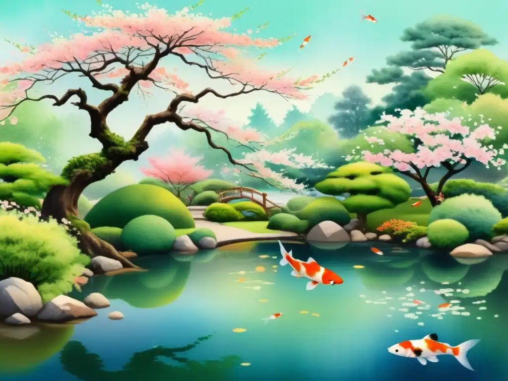 Un hermoso jardín japonés con un cerezo en flor y peces koi nadando en un estanque, evocando la importancia del haiku en poesía