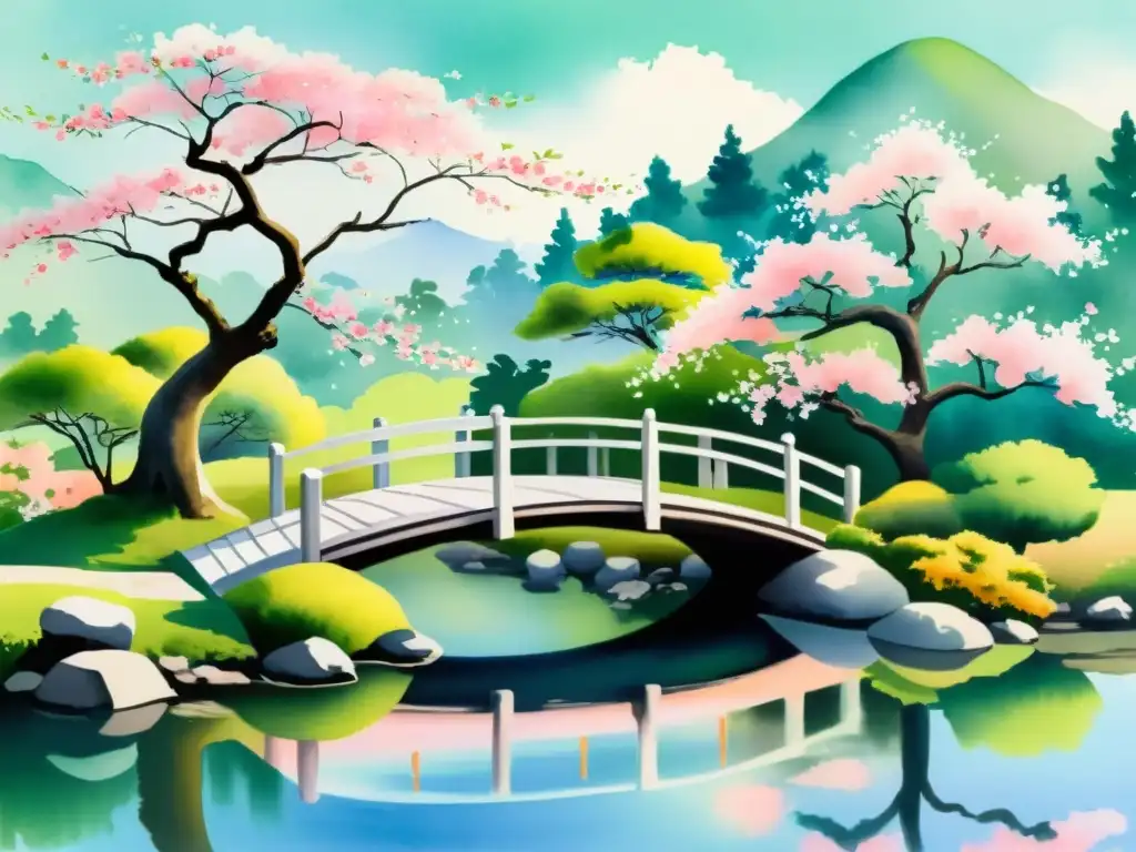 Un hermoso jardín japonés con un puente delicado sobre un estanque tranquilo, rodeado de vibrantes árboles de cerezo en flor