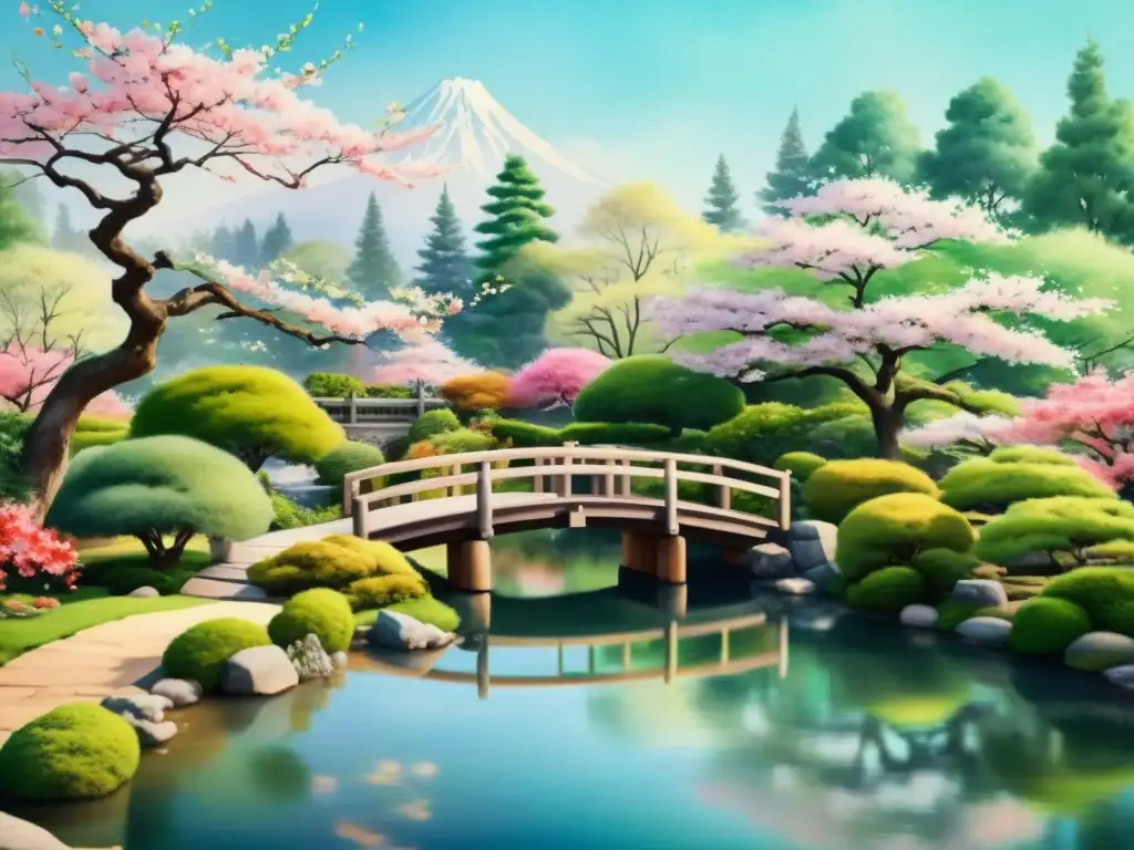 Un hermoso jardín japonés con puente de madera y cerezos en flor, evocando el impacto del haiku en poesía