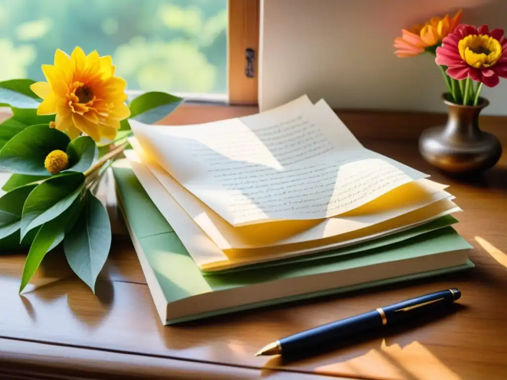 Un hermoso montón de papel artesanal con poesía en caligrafía, rodeado de flores y una pluma vintage