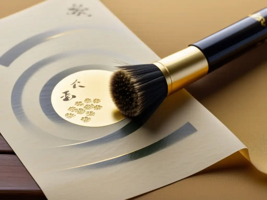 Un hermoso pincel de caligrafía japonesa detallado crea poesía en un pergamino de papel washi, evocando refinamiento y elegancia en cada carácter