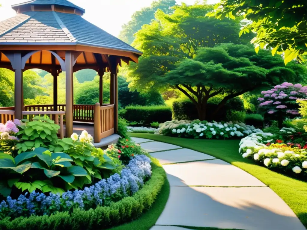 Un hermoso jardín con sendero de piedra y un acogedor cenador entre la vegetación