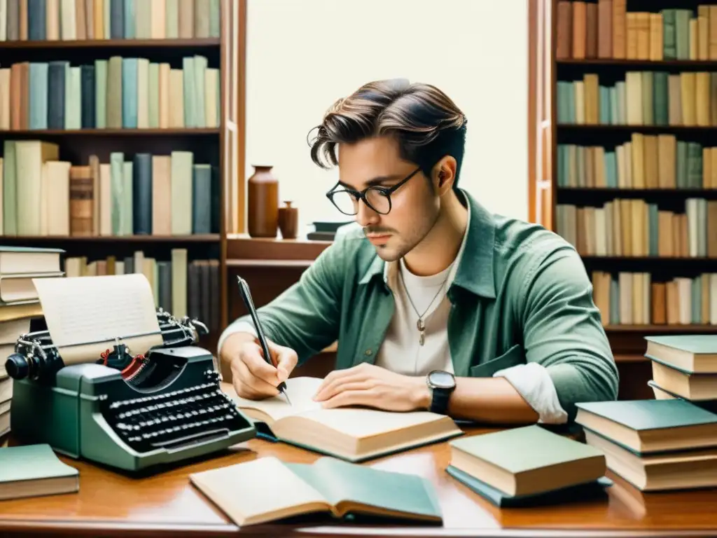 Herramientas del poeta moderno: Sereno poeta escribiendo en un diario rodeado de libros y una máquina de escribir vintage en una acuarela detallada