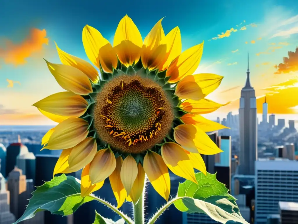 Una hipérbole en la poesía: un girasol gigante se alza sobre la ciudad, sus pétalos dorados alcanzan el cielo en una explosión de color y tamaño