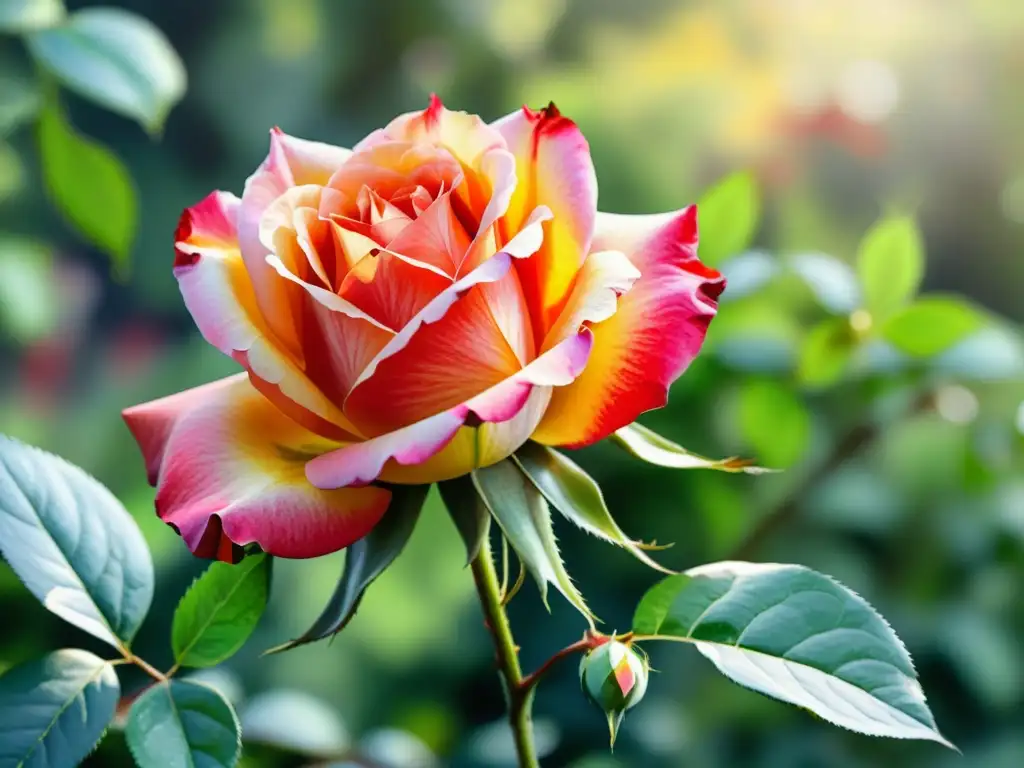 Una hipérbole en la poesía: una rosa roja gigante se eleva en un jardín exuberante, bañada por la cálida luz del sol