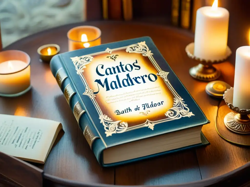 Una historia de libro poesía raro, con Cantos de Maldoror en una escena cálida y misteriosa