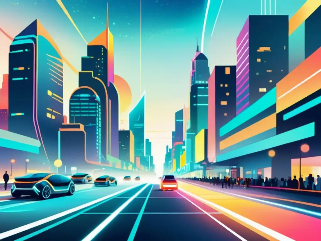 Una ilustración abstracta estilo acuarela de una futurista ciudad con colores neón vibrantes iluminando el horizonte