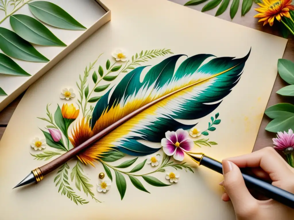 Una ilustración de acuarela detallada de una pluma creando un aforismo poético en un pergamino vintage, con toques de color vibrantes y sutiles acentos dorados, rodeada de flores y vegetación exuberante, evocando sabiduría atemporal y inspiración artística