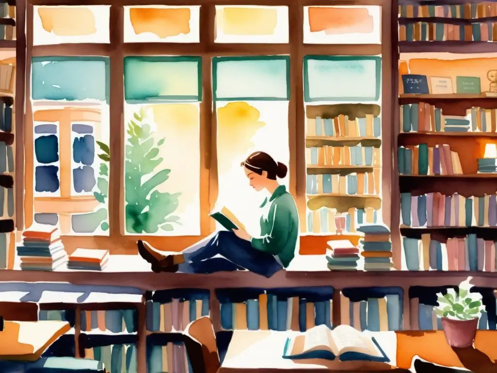 Una ilustración de acuarela transmite la inspiración a través de la poesía en un acogedor café con libros