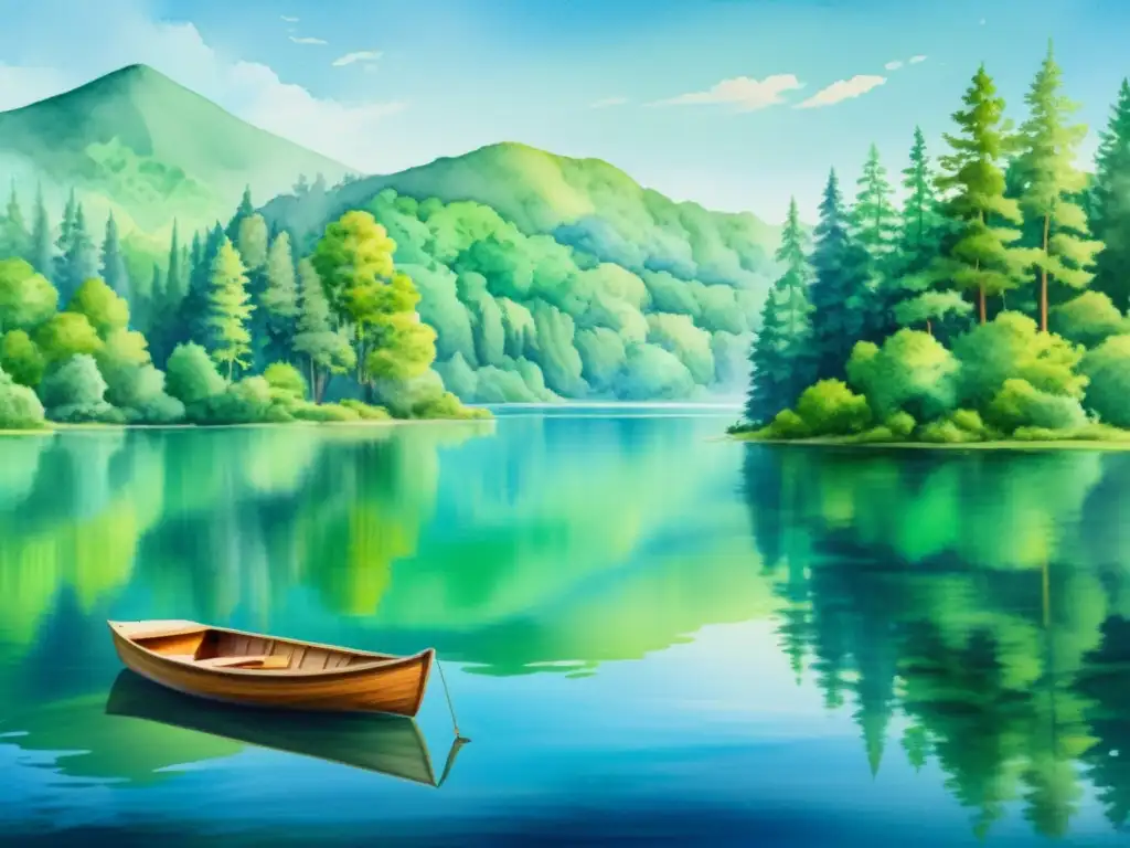 Una ilustración acuarela de un apacible paisaje lacustre con exuberante vegetación, un lago azul sereno, y una pequeña embarcación flotando