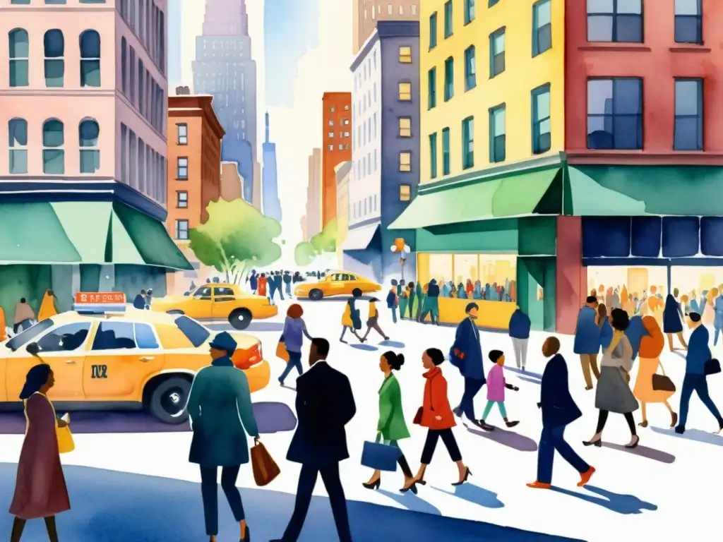 Una ilustración acuarela de una bulliciosa calle de Nueva York, donde la diversidad y la vida urbana se entrelazan