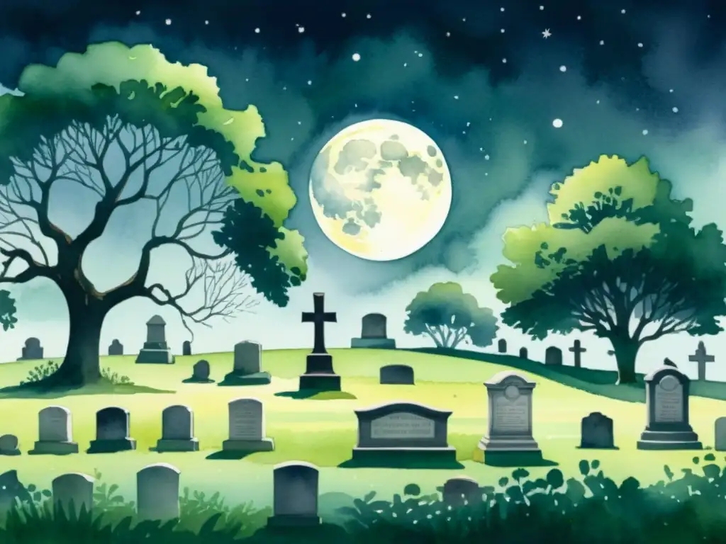 Una ilustración detallada en acuarela de un cementerio sereno iluminado por la luna, con una figura solitaria en contemplación