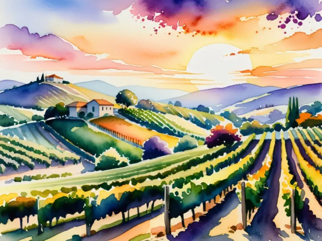 Viñedo vibrante al atardecer: ilustración acuarela Una ilustración detallada en acuarela de un exuberante viñedo al atardecer, con filas de coloridas vides que se extienden hacia el horizonte