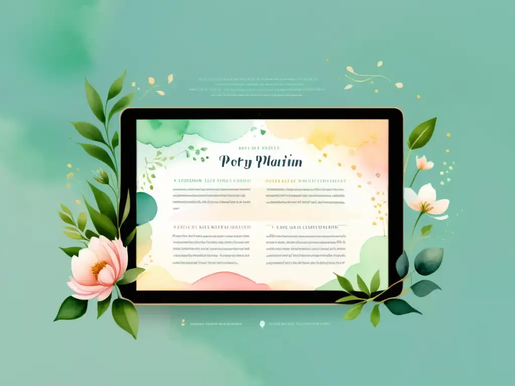 Una ilustración detallada en acuarela de una interfaz digital moderna con una sección de poesía destacada