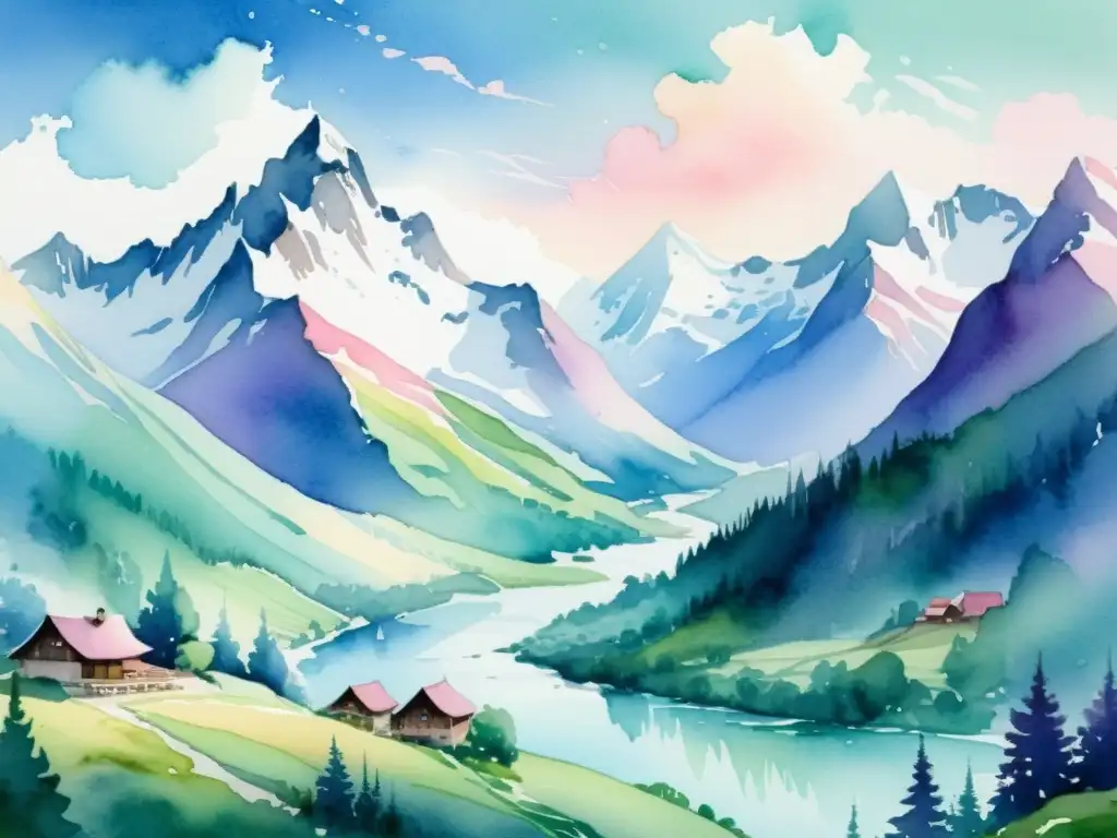 Una ilustración acuarela detallada de una majestuosa cordillera, valles verdes y ríos, bajo un cielo de tonos pastel