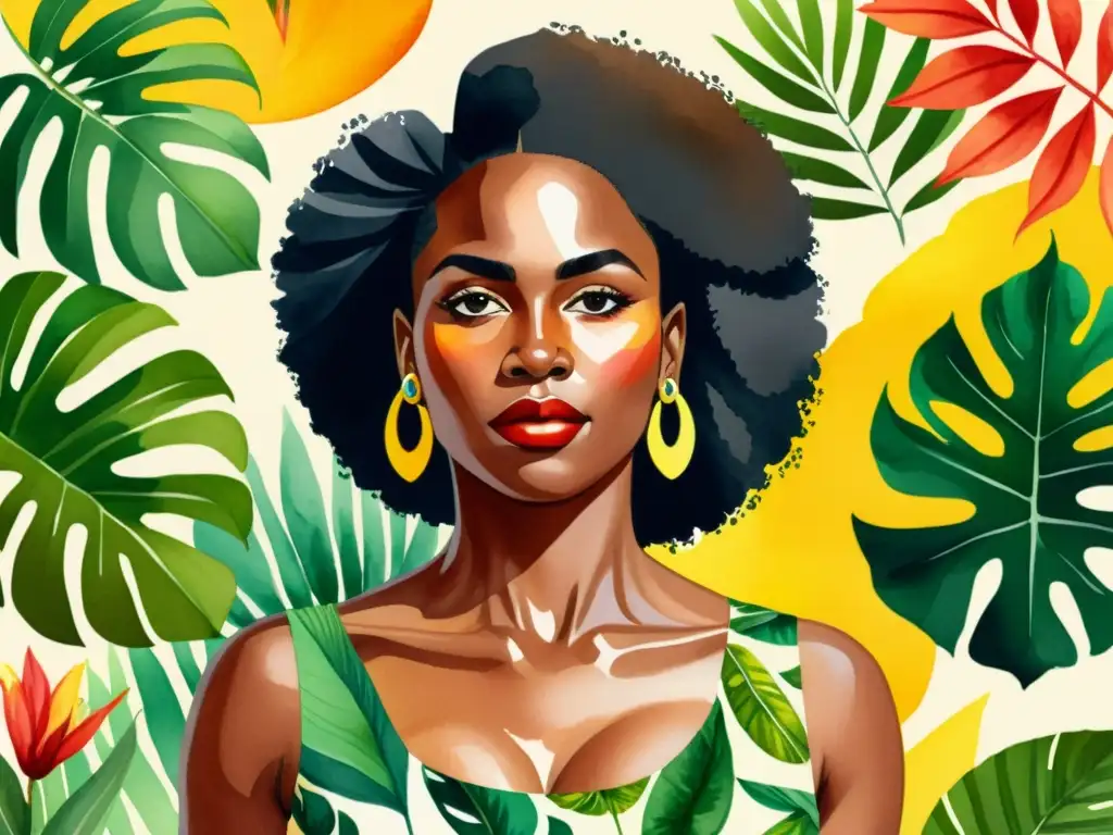 Una ilustración acuarela detallada de una poderosa mujer negra en un vibrante paisaje tropical, inspirada en la poesía 'Mujer Negra' de Nancy Morejón