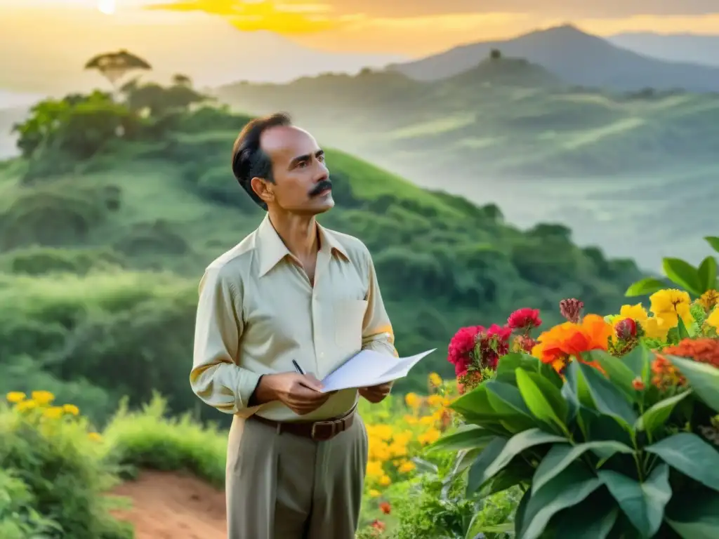 José Martí es retratado en una ilustración detallada, rodeado de naturaleza exuberante, sosteniendo pluma y papel mientras contempla el horizonte