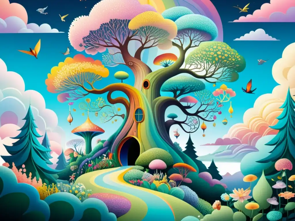 Fantástico paisaje imaginario lleno de color y maravilla Una ilustración detallada y vibrante de un paisaje imaginario lleno de flora y fauna surrealista