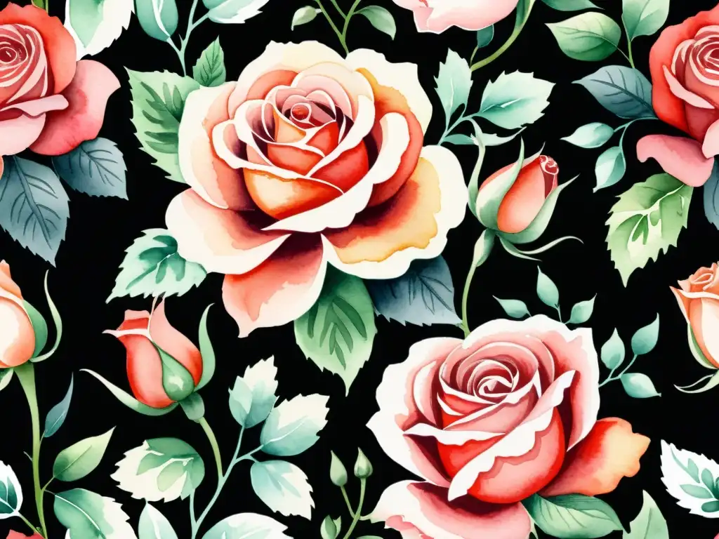 Una ilustración acuarela de un exuberante jardín de rosas, con tonos vibrantes de rojo, rosa y coral