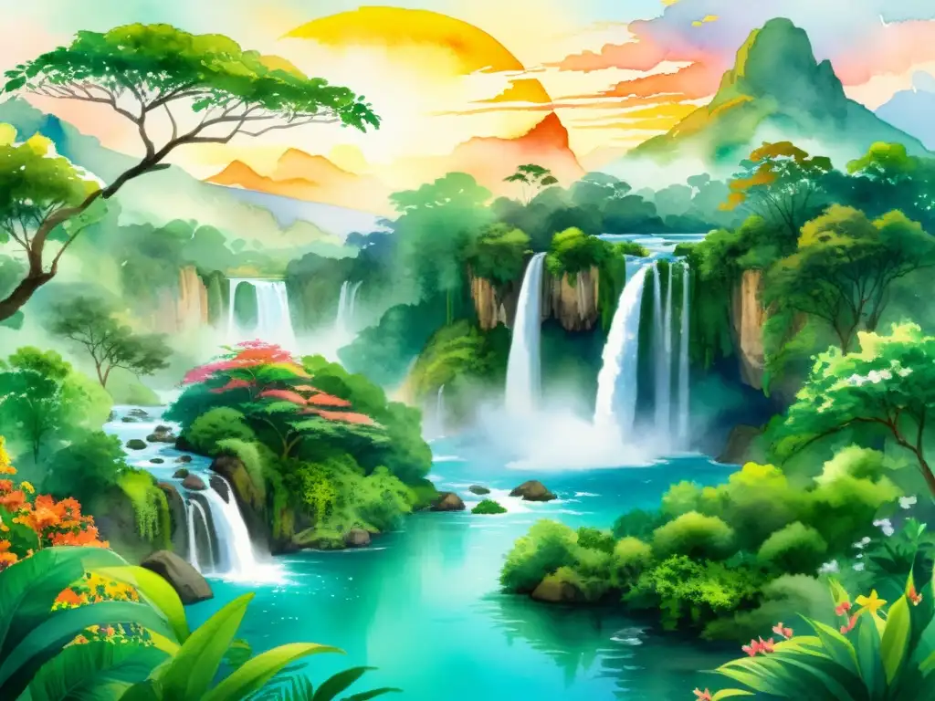 Una ilustración acuarela de una exuberante selva con flores vibrantes y un arroyo cristalino serpenteando entre la vegetación