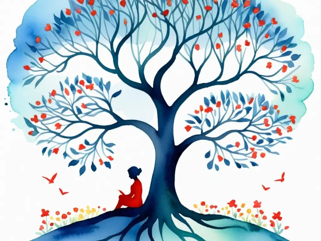 Una ilustración acuarela de una figura solitaria bajo un árbol vibrante, rodeada de versos de poesía y cintas rojas y azules, evocando la esperanza y el dolor en la lucha contra el Sida