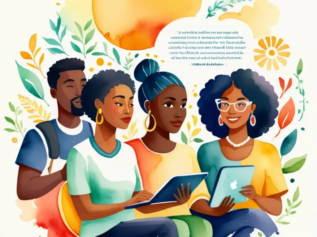 Conexiones poéticas: diversidad cultural en línea Una ilustración acuarela de un grupo diverso participando en eventos poéticos online, uniendo fronteras culturales con creatividad y colaboración