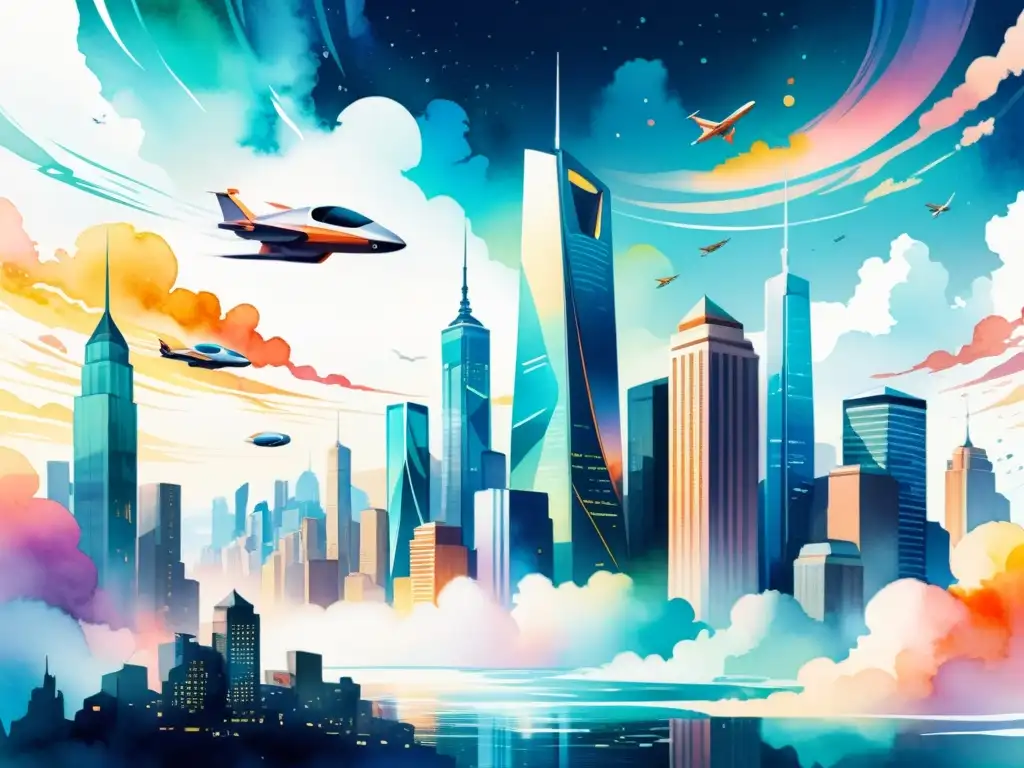 Una ilustración acuarela impactante de una ciudad futurista, con edificios metálicos y cielos coloridos