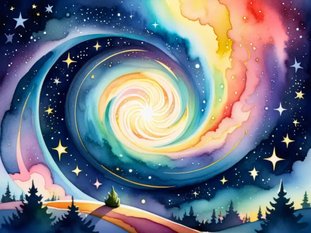 Una ilustración acuarela impactante de una escena celestial radiante, con una estrella brillante y resplandeciente rodeada de polvo cósmico y colores vibrantes