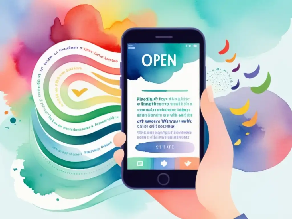 Una ilustración acuarela de una mano sosteniendo un smartphone con una app de poesía abierta, rodeada de palabras flotantes y colores vibrantes