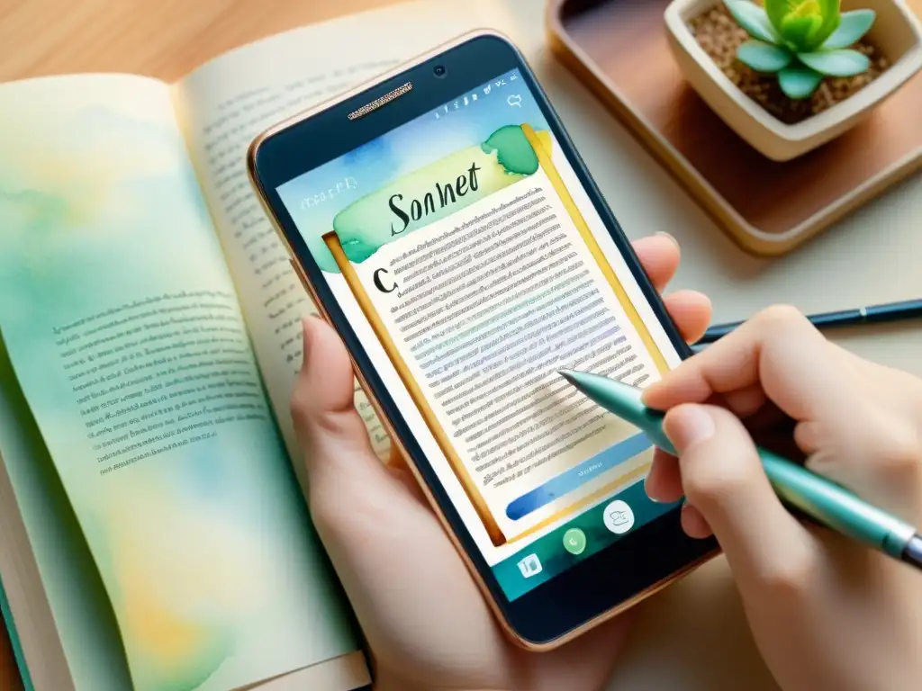Una ilustración acuarela de un smartphone moderno con un lápiz óptico, escribiendo un elegante soneto