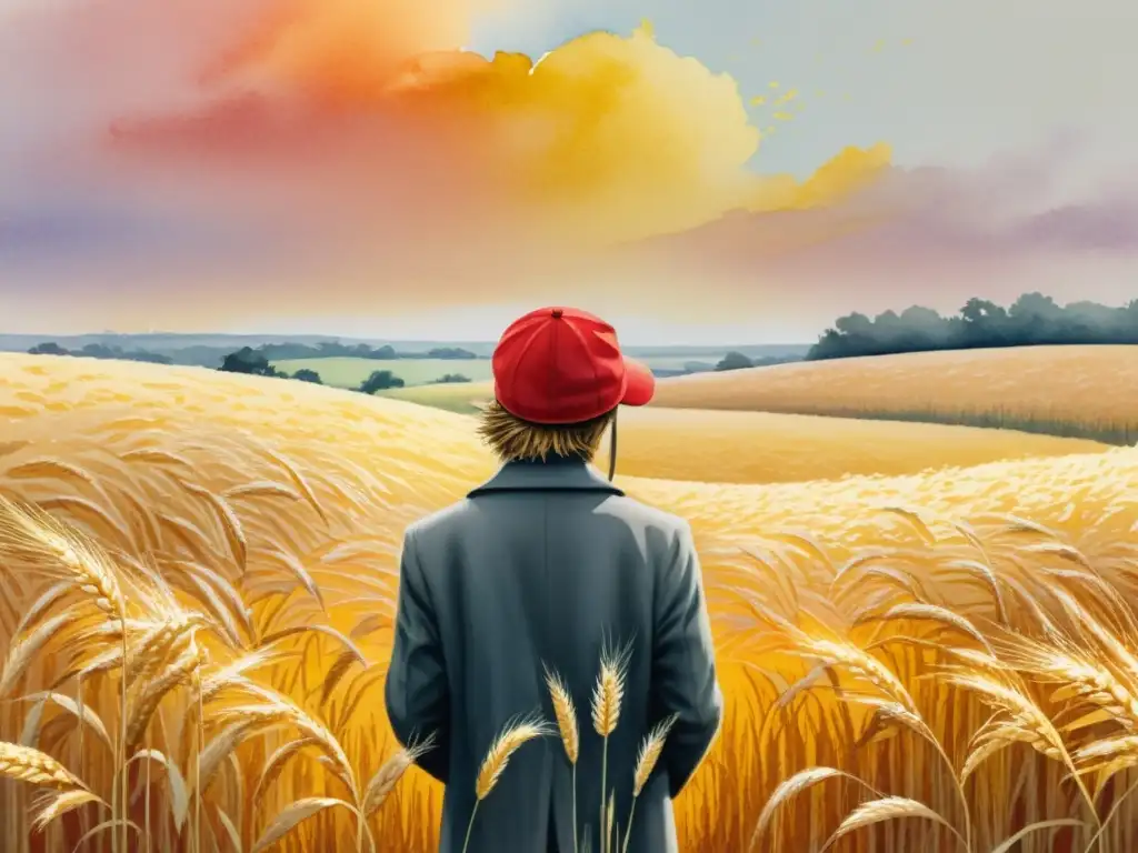 Imagen de acuarela con figura solitaria en campo de trigo dorado y el icónico gorro rojo de Holden Caulfield