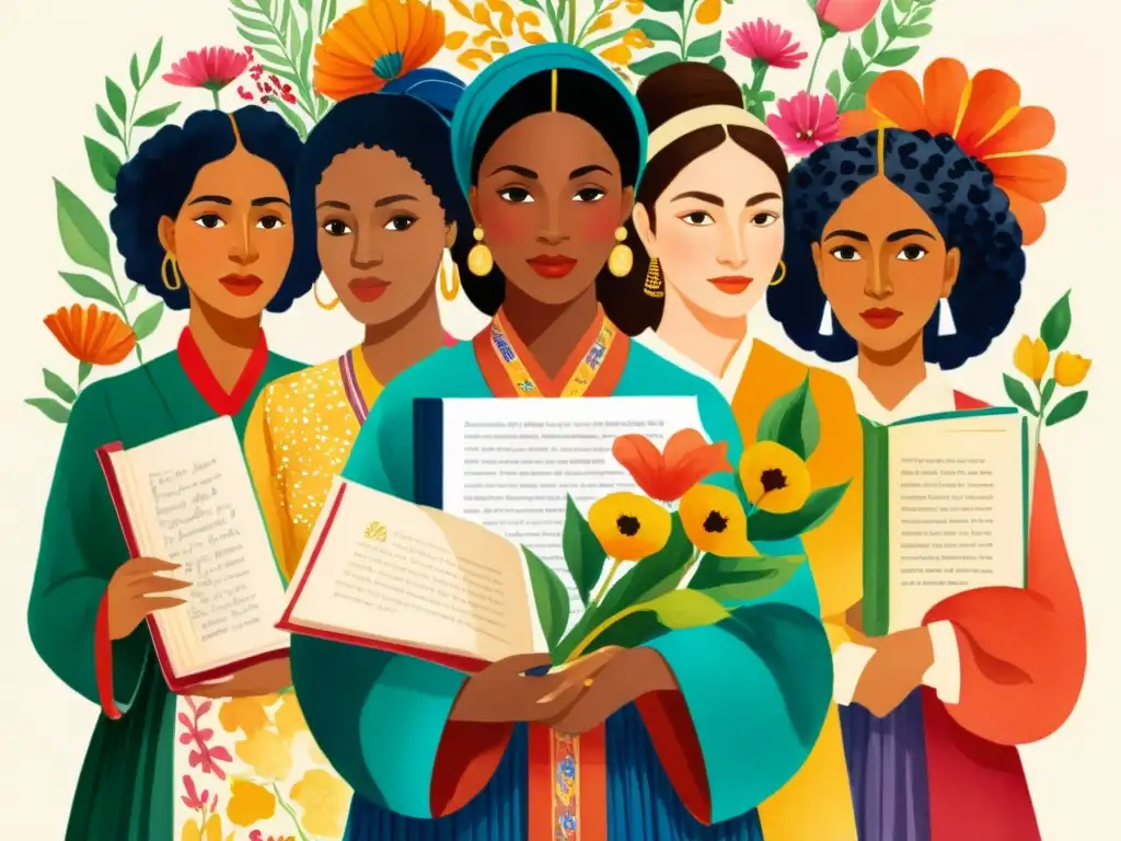 Imagen de acuarela de mujeres diversas de distintas culturas y épocas sosteniendo libros de poesía, rodeadas de flores vibrantes