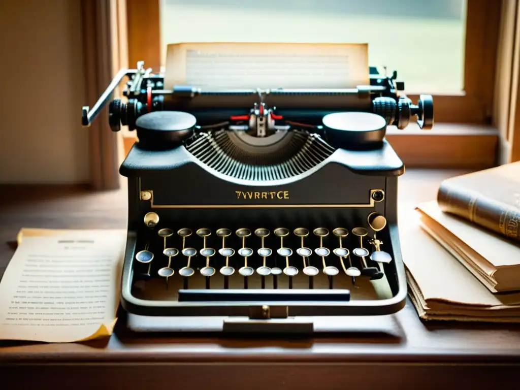 Una imagen de una antigua máquina de escribir vintage con detalles delicados y ornamentados, sobre un fondo de papel envejecido