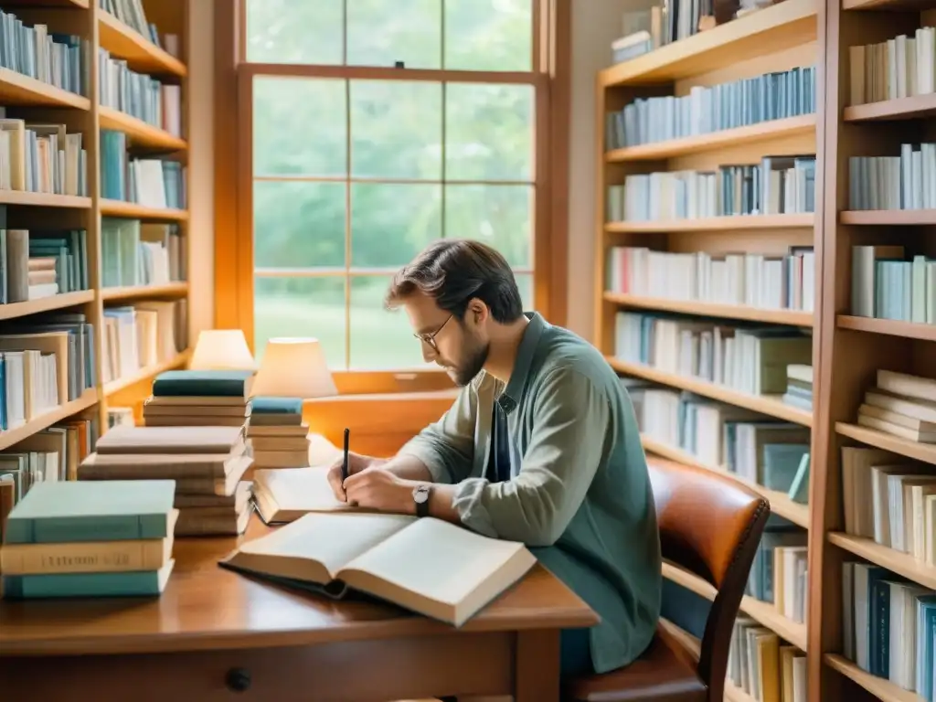 Imagen apacible de un poeta escribiendo en su estudio rodeado de libros, con colores suaves y luz natural