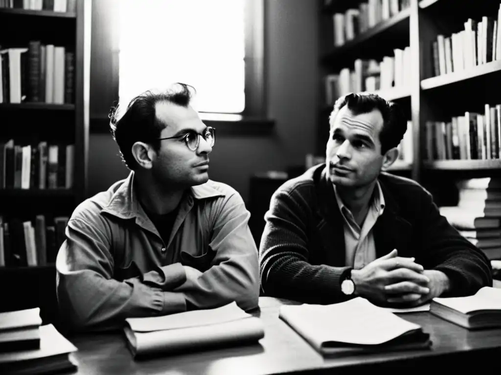 Imagen en blanco y negro de Allen Ginsberg y Jack Kerouac, inmersos en una apasionante conversación rodeados de libros y papeles