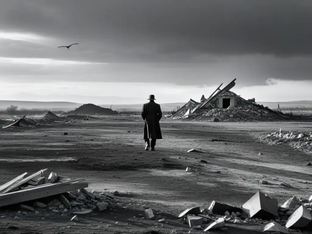 Una imagen en blanco y negro de un paisaje de guerra desolado, con escombros esparcidos por el suelo