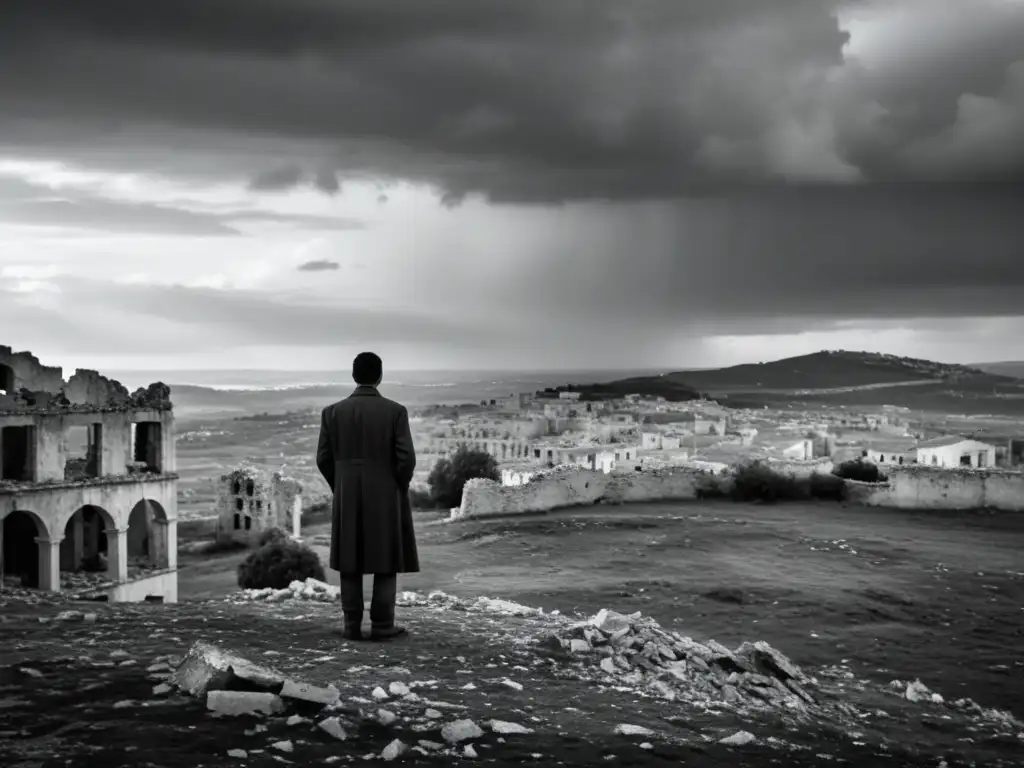 Imagen en blanco y negro de un paisaje español devastado por la guerra, con ruinas y una figura solitaria mostrando tristeza y resistencia