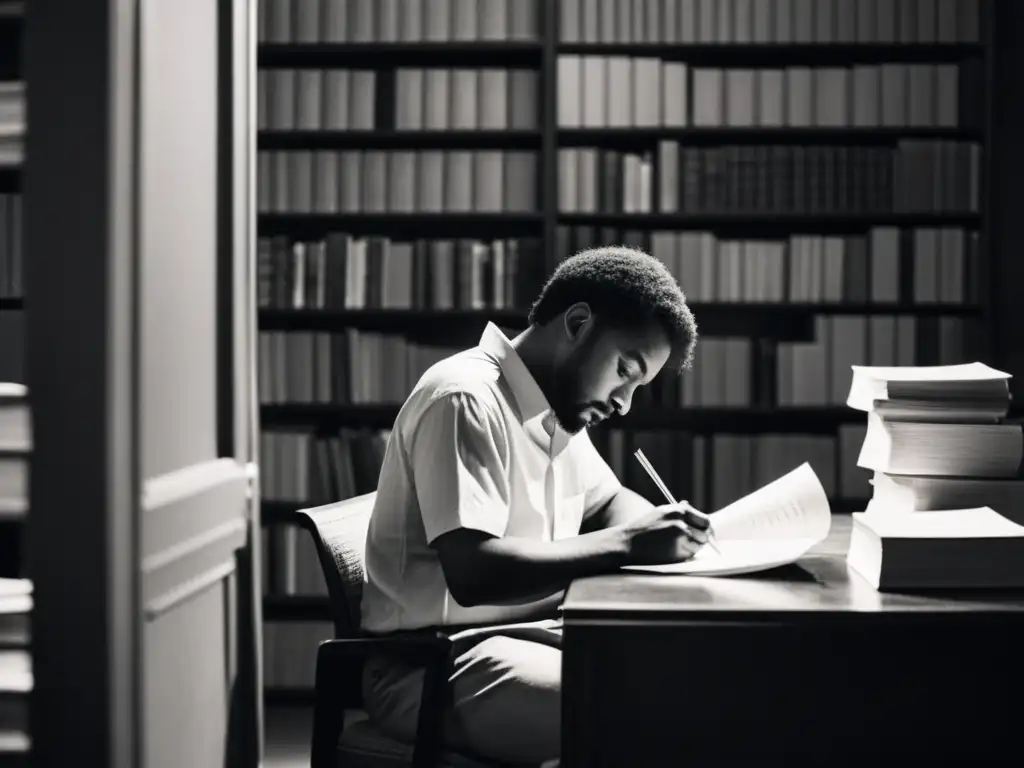 Imagen en blanco y negro de un poeta escribiendo apasionadamente en un cuarto tenue, reflejando la represión en poesía Siglo de Plata