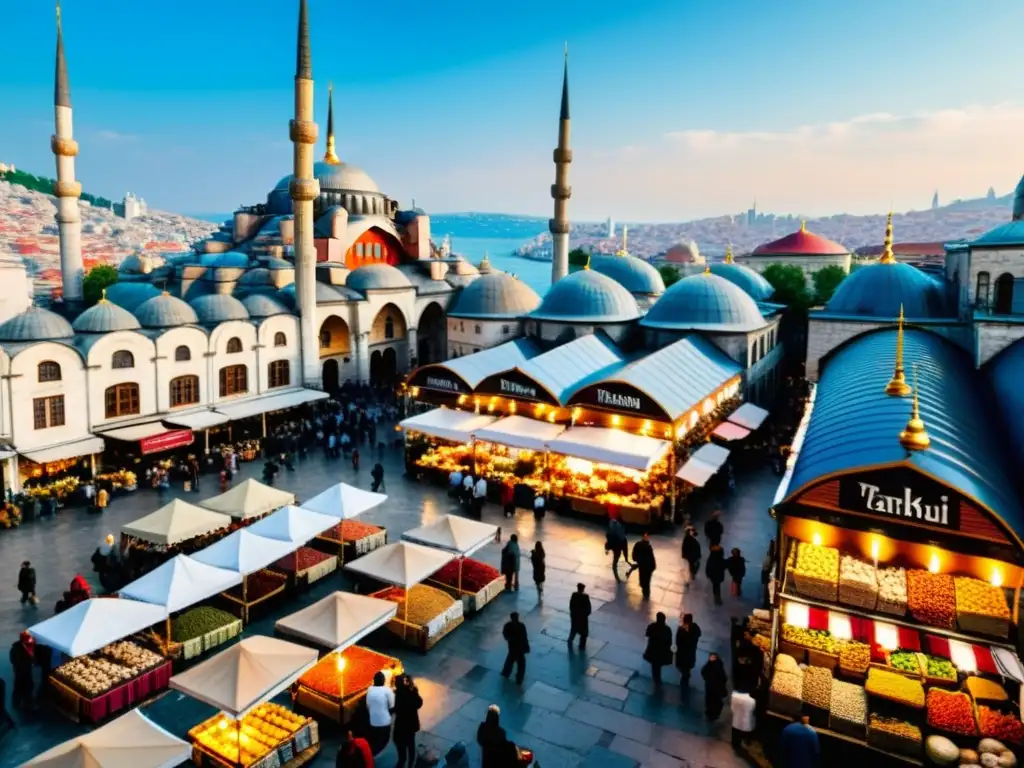 Imagen de la bulliciosa Feria del Libro Estambul con experiencias multisensoriales y colores vibrantes bajo un cálido atardecer dorado