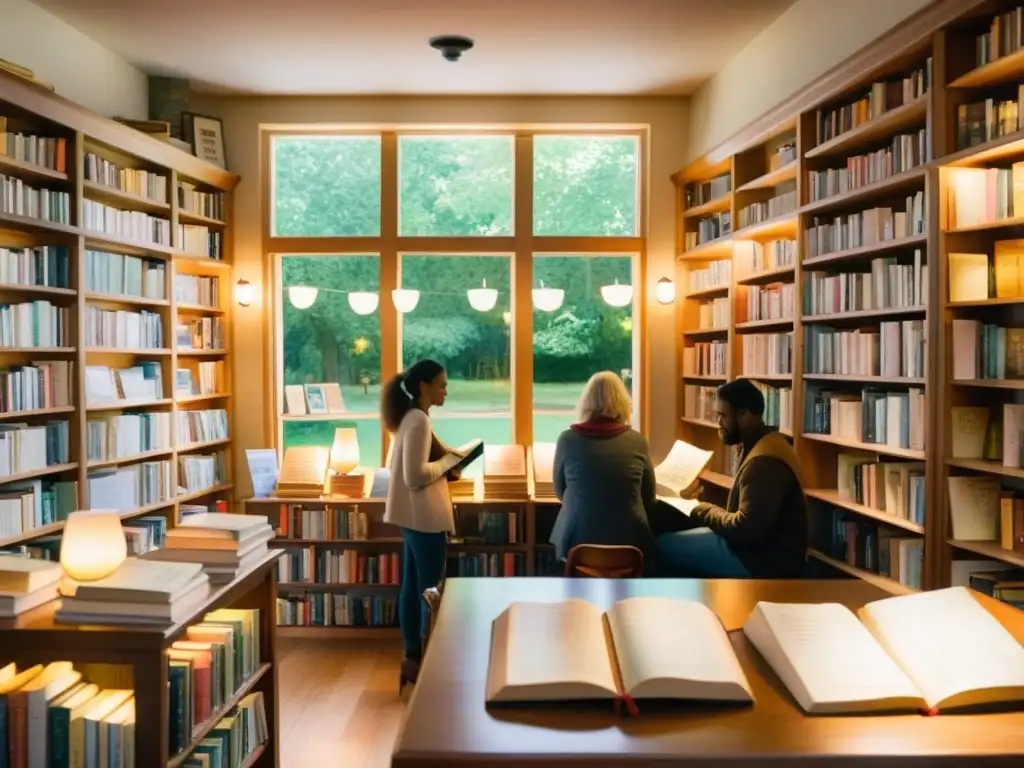 Imagen de un cálido lanzamiento de libros de poesía con gente diversa disfrutando de una animada conversación y la lectura de poesía