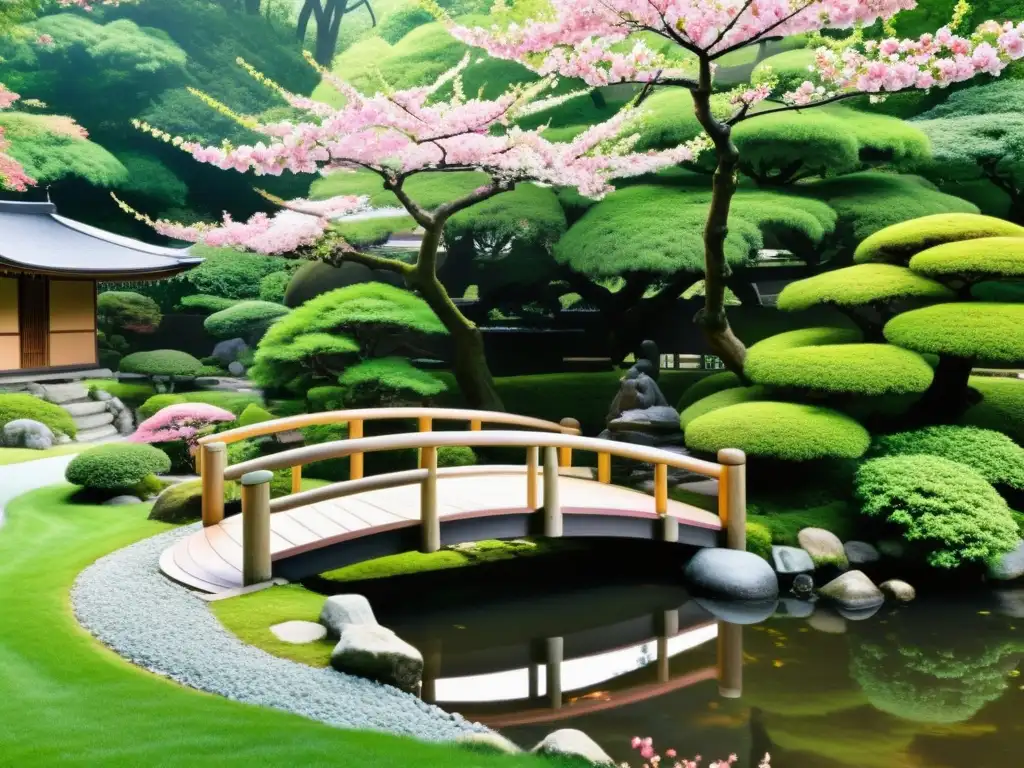 Imagen de jardín japonés con casa de té, cerezos en flor y diversidad cultural, simbolizando la globalización del haiku en diferentes culturas