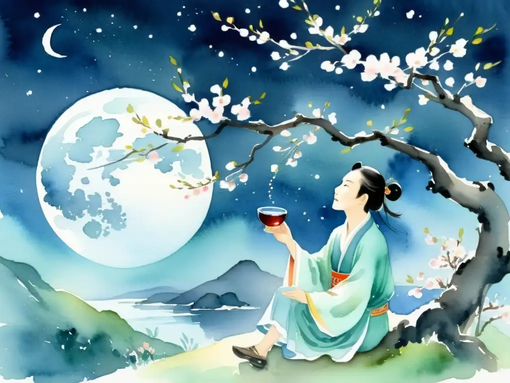 Imagen de Li Bai, poeta chino, bajo un ciruelo en flor, alzando vino a la luna llena